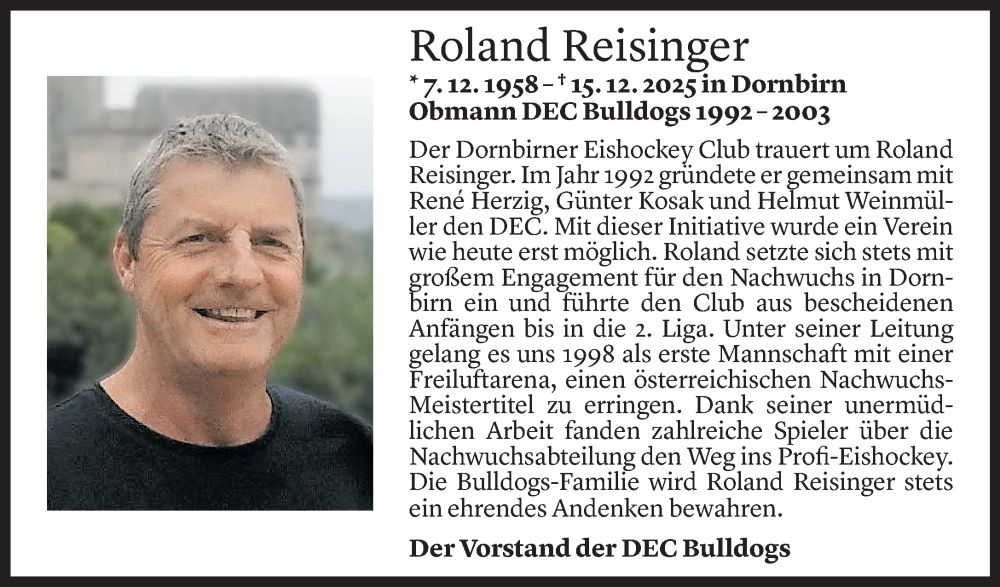  Todesanzeige für Roland Reisinger vom 19.12.2025 aus Vorarlberger Nachrichten