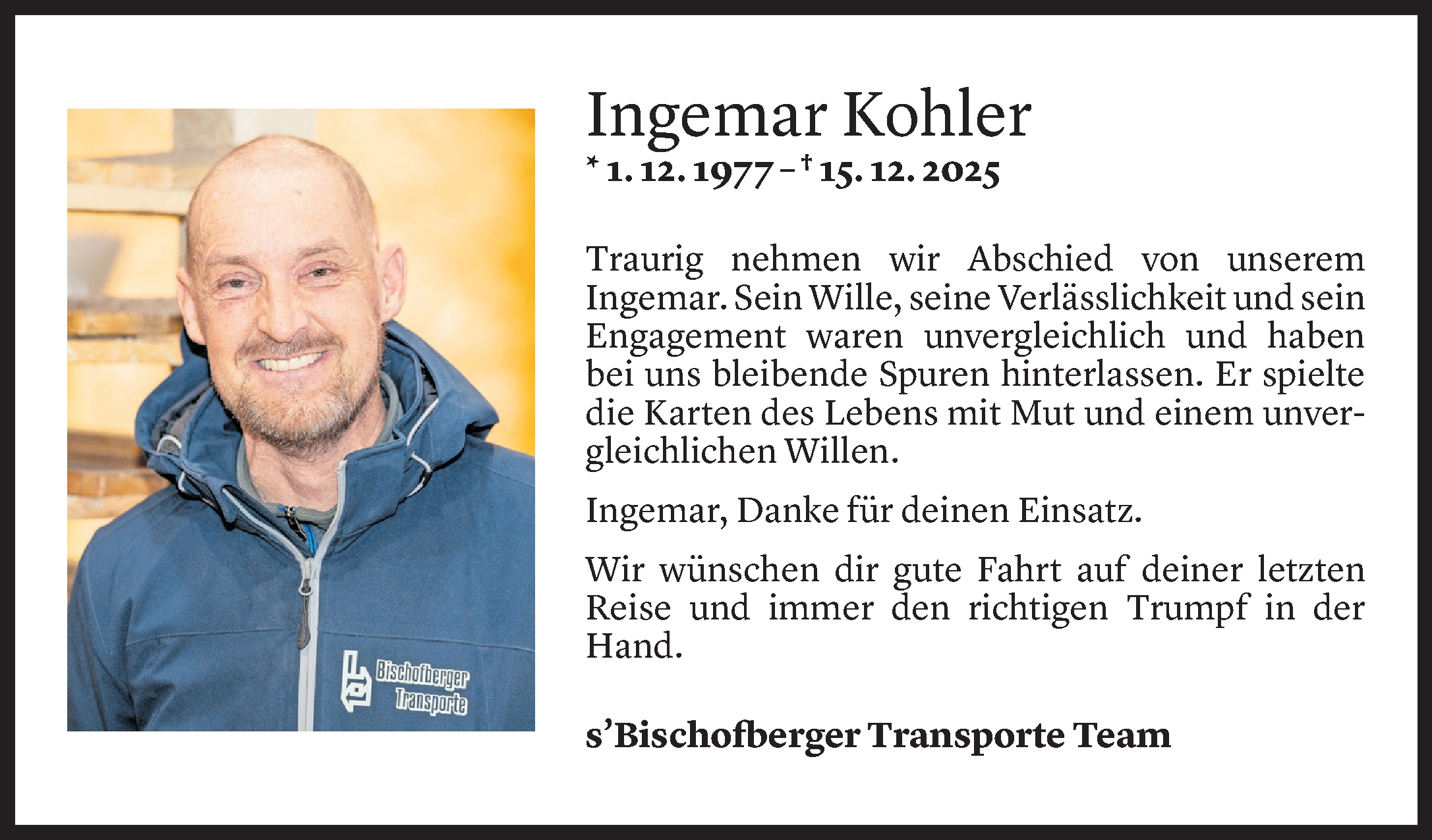  Todesanzeige für Ingemar Kohler vom 17.12.2025 aus vorarlberger nachrichten