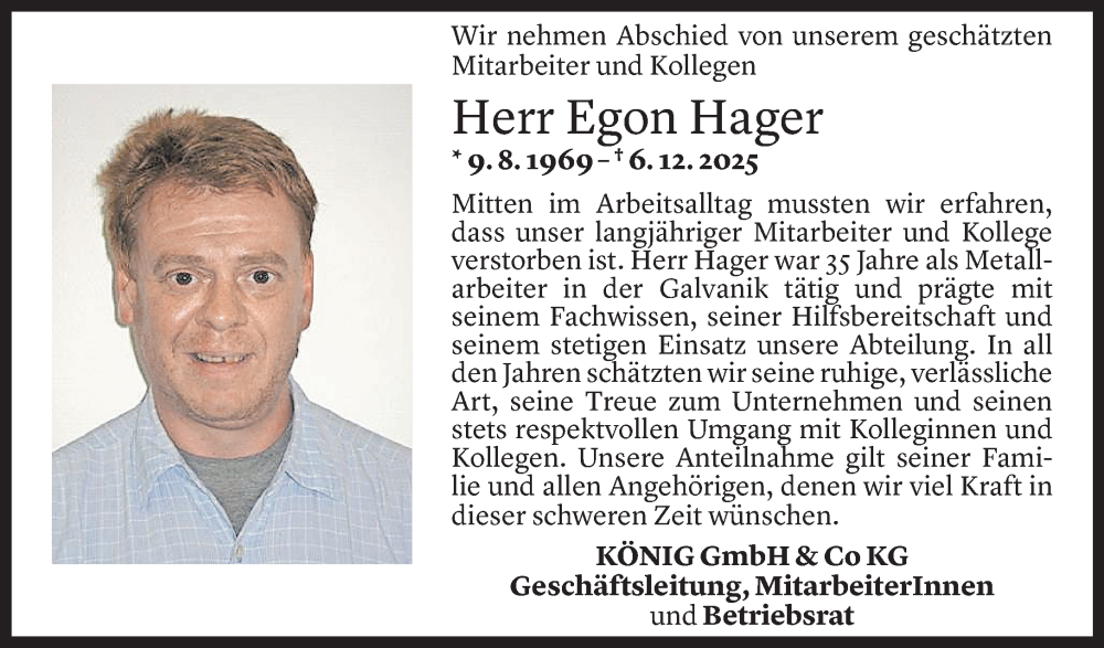  Todesanzeige für Egon Hager vom 15.12.2025 aus vorarlberger nachrichten
