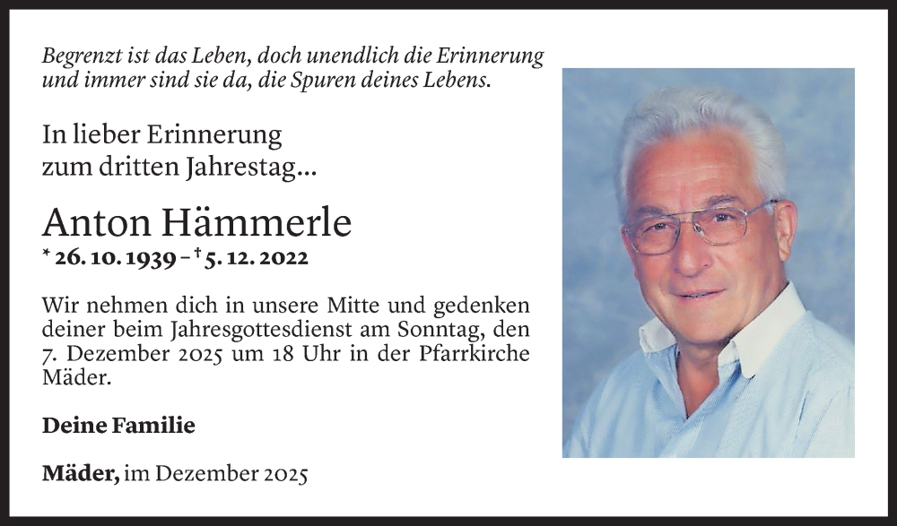  Todesanzeige für Anton Hämmerle vom 04.12.2025 aus vorarlberger nachrichten