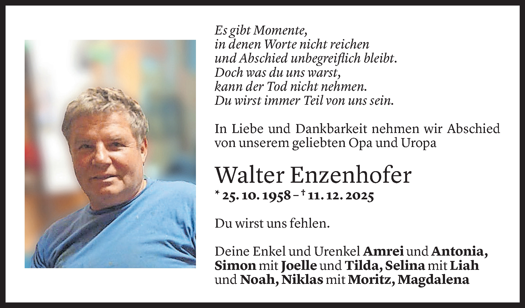  Todesanzeige für Walter Enzenhofer vom 18.12.2025 aus Vorarlberger Nachrichten