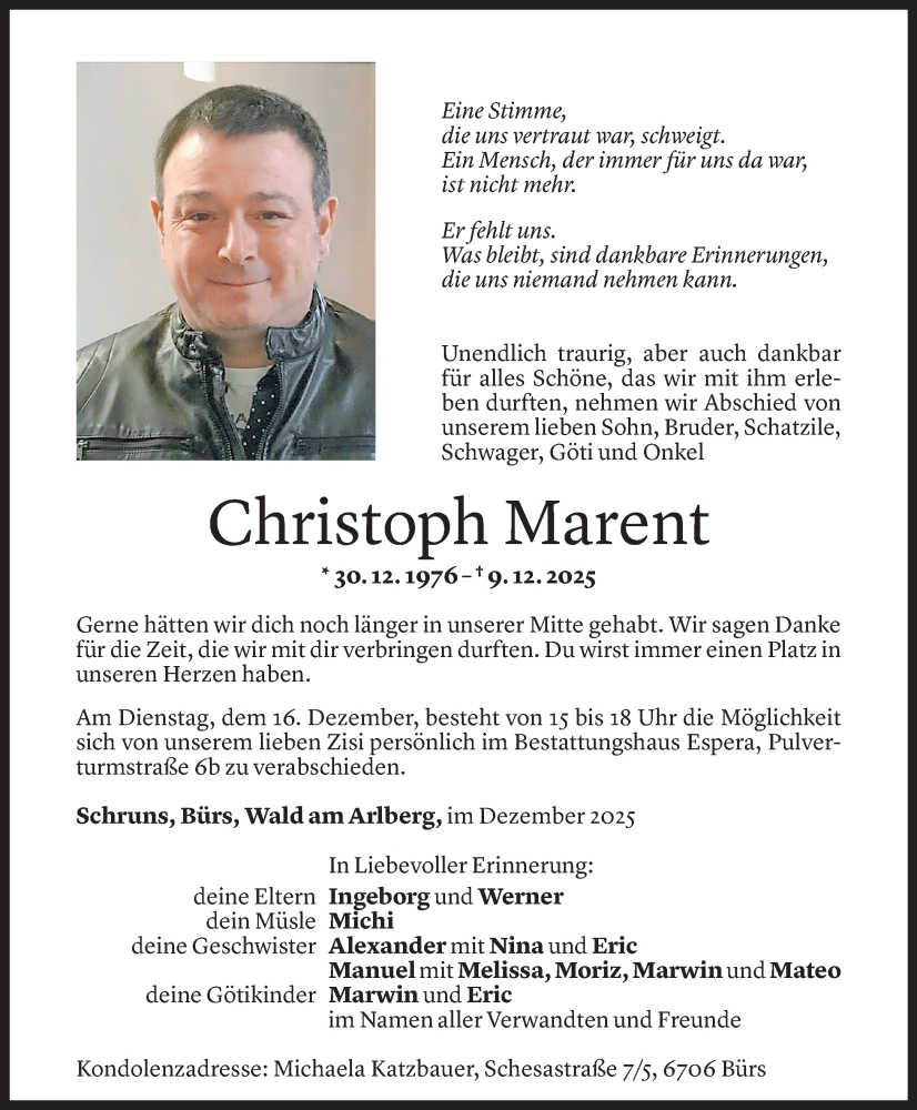  Todesanzeige für Christoph Marent vom 13.12.2025 aus vorarlberger nachrichten