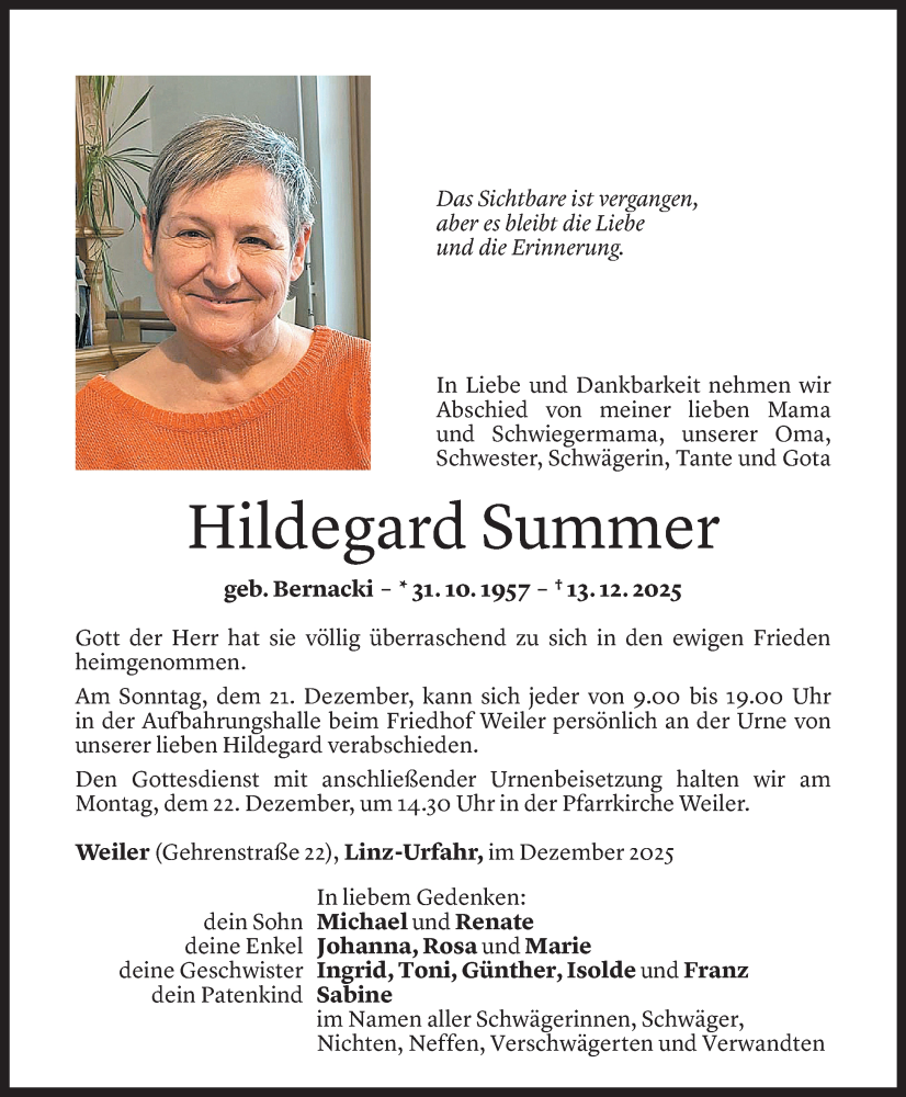  Todesanzeige für Hildegard Summer vom 16.12.2025 aus Vorarlberger Nachrichten
