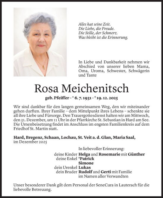 Todesanzeige von Rosa Meichenitsch von Vorarlberger Nachrichten