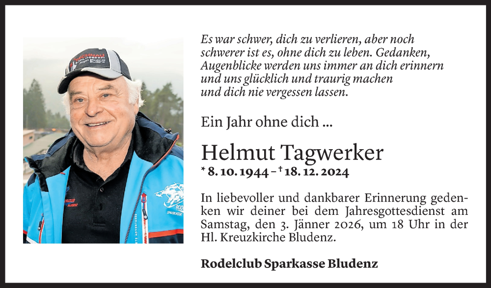  Todesanzeige für Helmut Tagwerker vom 17.12.2025 aus Vorarlberger Nachrichten