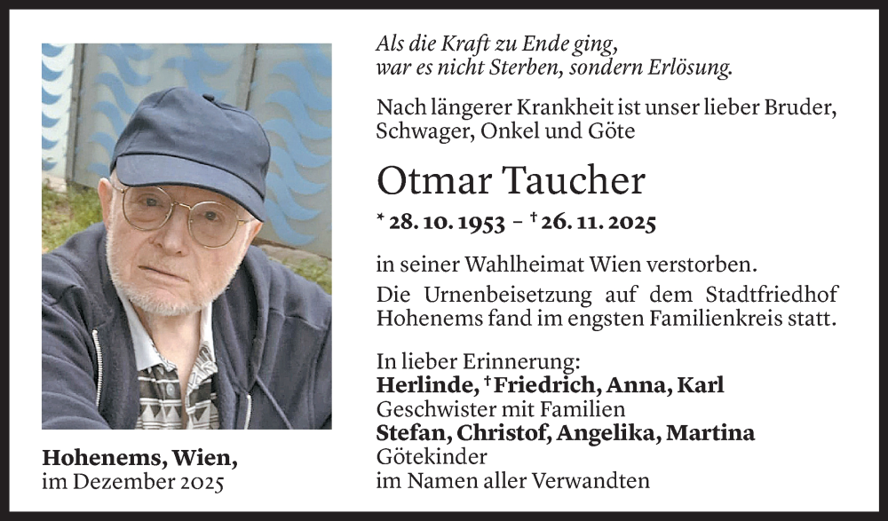  Todesanzeige für Otmar Taucher vom 11.12.2025 aus Vorarlberger Nachrichten