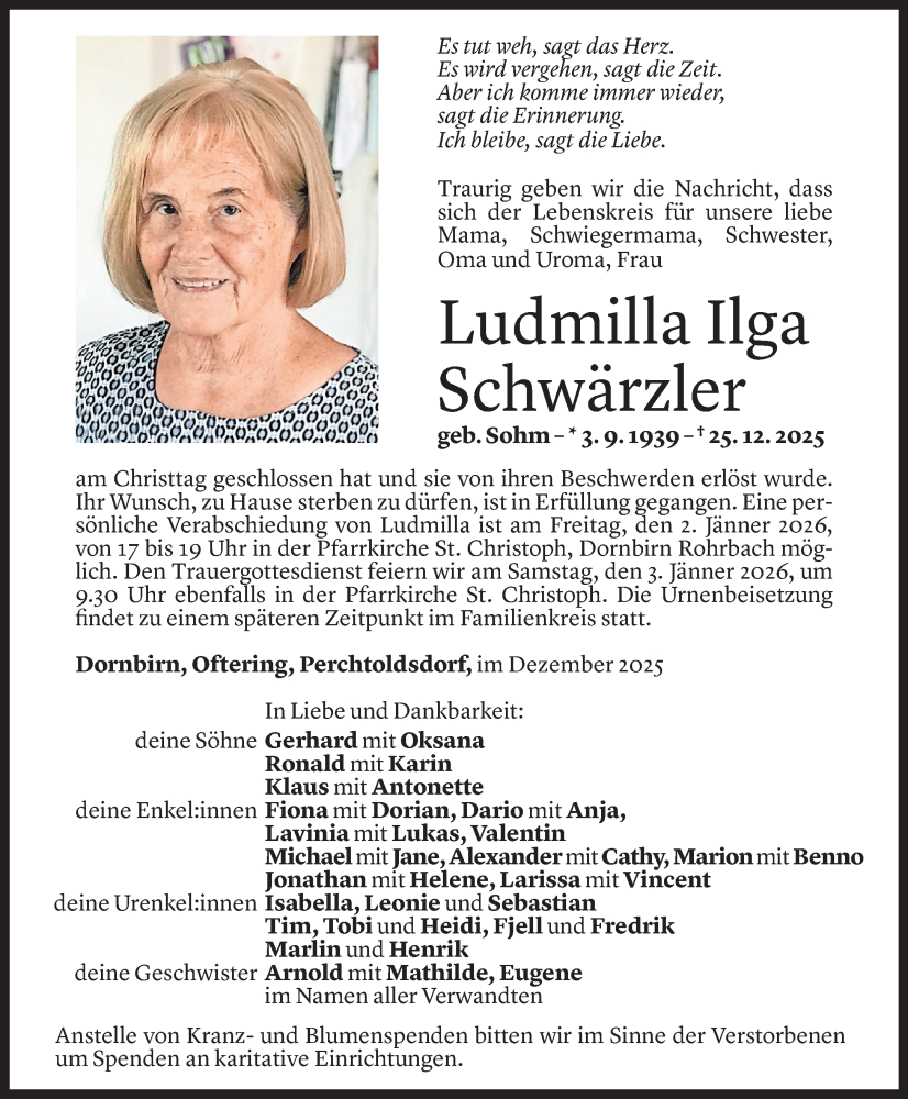  Todesanzeige für Ludmilla Ilga Schwärzler vom 29.12.2025 aus Vorarlberger Nachrichten