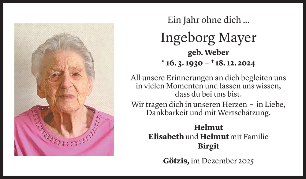  Todesanzeige für Ingeborg Mayer vom 17.12.2025 aus vorarlberger nachrichten