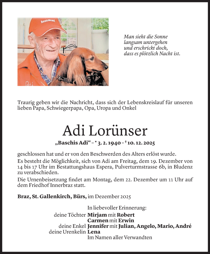  Todesanzeige für Adi Lorünser vom 14.12.2025 aus Vorarlberger nachrichten