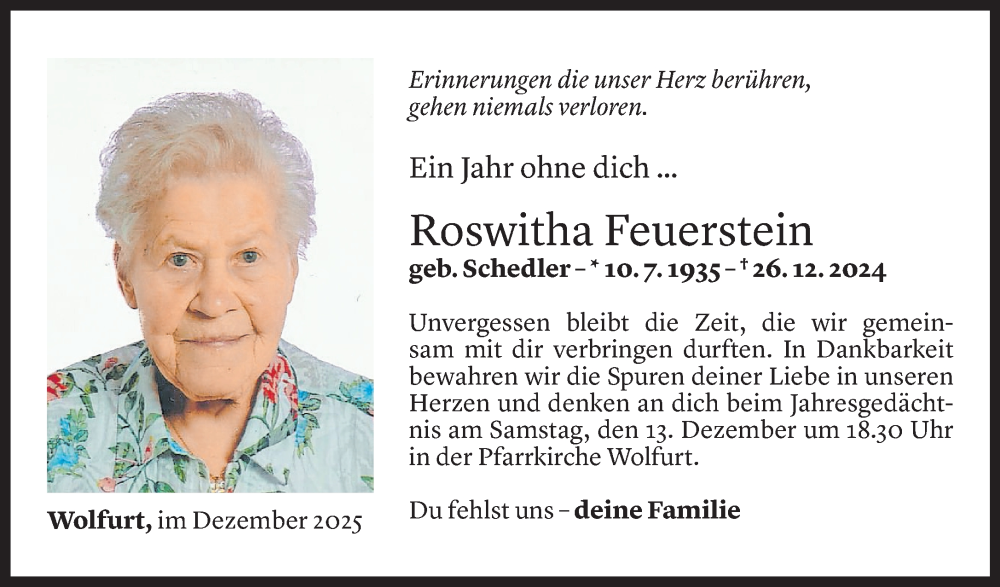  Todesanzeige für Roswitha Feuerstein vom 09.12.2025 aus Vorarlberger Nachrichten