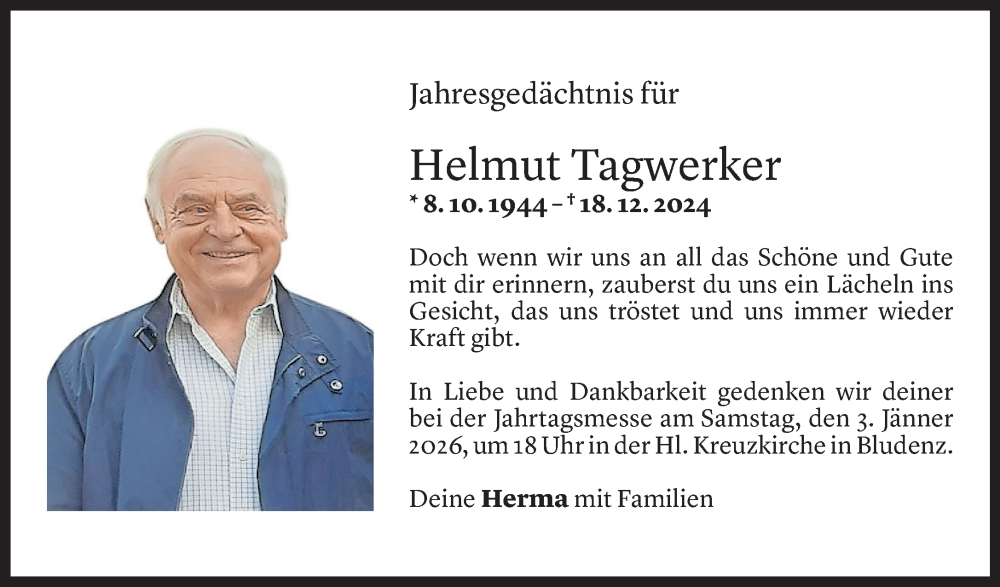  Todesanzeige für Helmut Tagwerker vom 17.12.2025 aus Vorarlberger Nachrichten