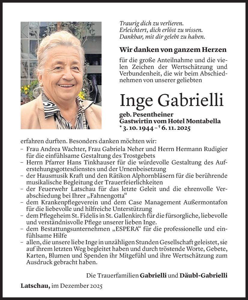  Todesanzeige für Inge Gabrielli vom 05.11.2025 aus Vorarlberger Nachrichten