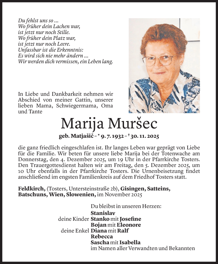  Todesanzeige für Marija Mursec vom 02.12.2025 aus Vorarlberger Nachrichten