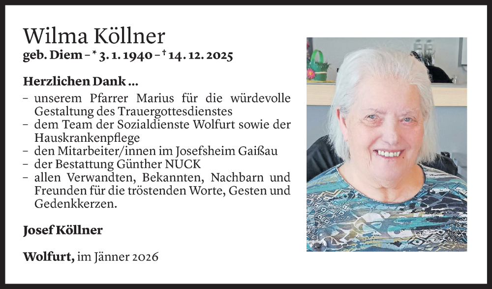  Todesanzeige für Wilma Köllner vom 30.12.2025 aus Vorarlberger Nachrichten
