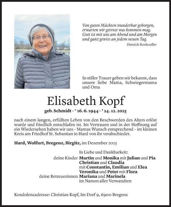 Todesanzeige von Elisabeth Kopf von Vorarlberger Nachrichten
