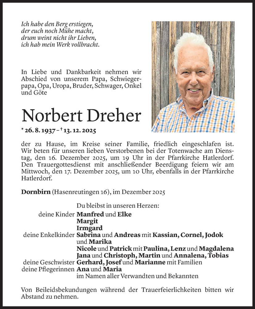  Todesanzeige für Norbert Dreher vom 14.12.2025 aus Vorarlberger nachrichten