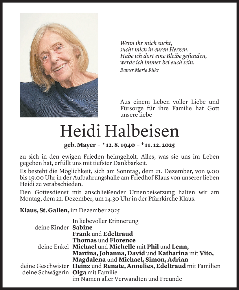  Todesanzeige für Heidi Halbeisen vom 16.12.2025 aus Vorarlberger Nachrichten