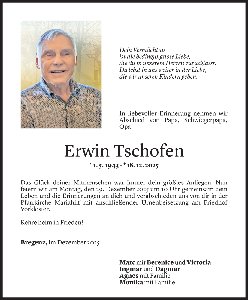  Todesanzeige für Erwin Tschofen vom 22.12.2025 aus vorarlberger nachrichten