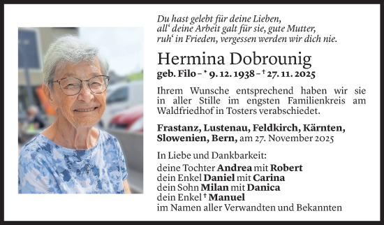 Todesanzeige von Hermina Dobrounig von vorarlberger nachrichten