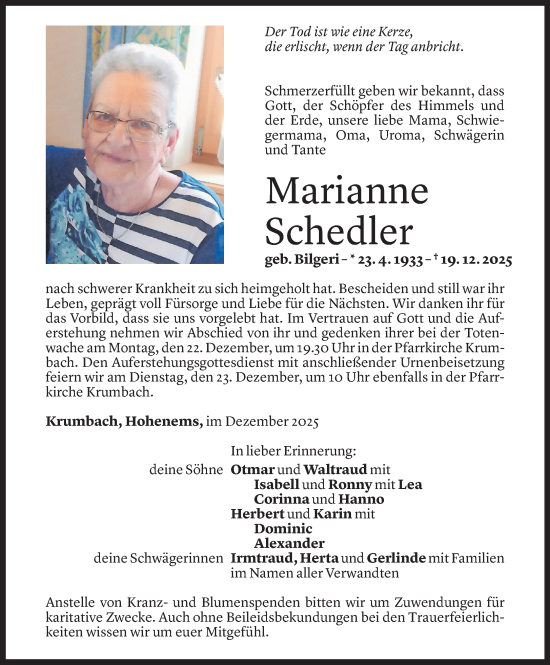 Todesanzeige von Marianne Schedler von Vorarlberger Nachrichten