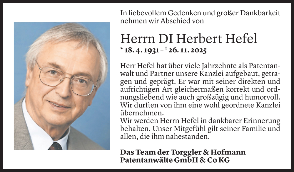  Todesanzeige für Herbert Hefel vom 03.12.2025 aus Vorarlberger Nachrichten