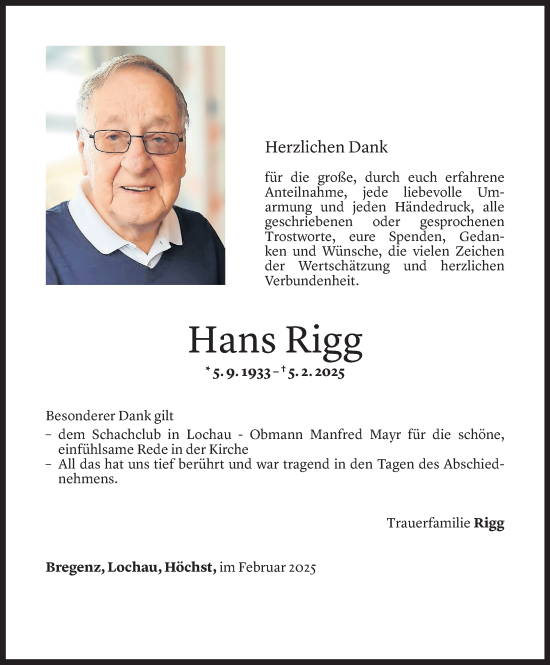 Todesanzeige von Hans Rigg von Vorarlberger Nachrichten