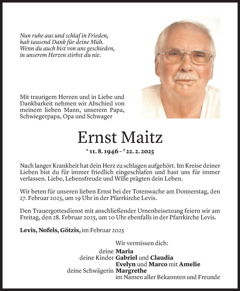  Todesanzeige für Ernst Maitz vom 24.02.2025 aus Vorarlberger Nachrichten