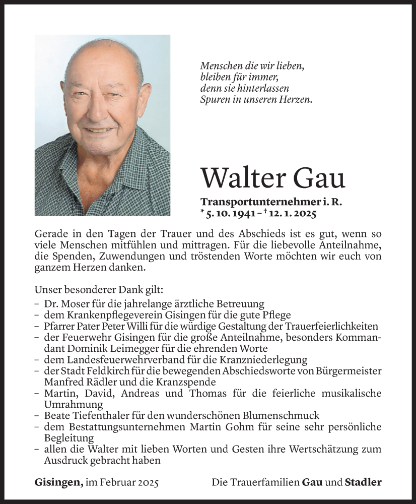  Todesanzeige für Walter Gau vom 21.02.2025 aus Vorarlberger Nachrichten