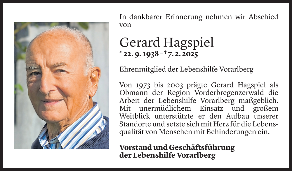  Todesanzeige für Gerard Hagspiel vom 12.02.2025 aus Vorarlberger Nachrichten