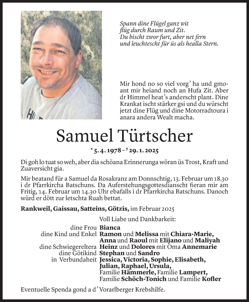  Todesanzeige für Samuel Türtscher vom 09.02.2025 aus Vorarlberger Nachrichten
