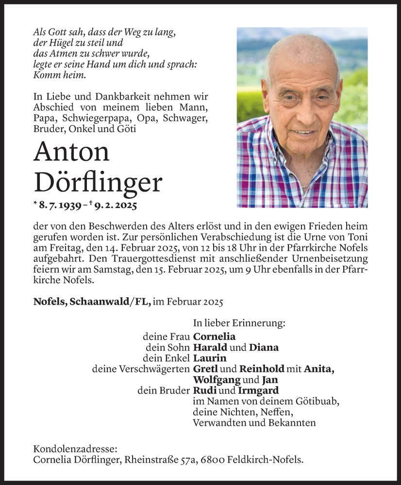  Todesanzeige für Anton Dörflinger vom 11.02.2025 aus Vorarlberger Nachrichten