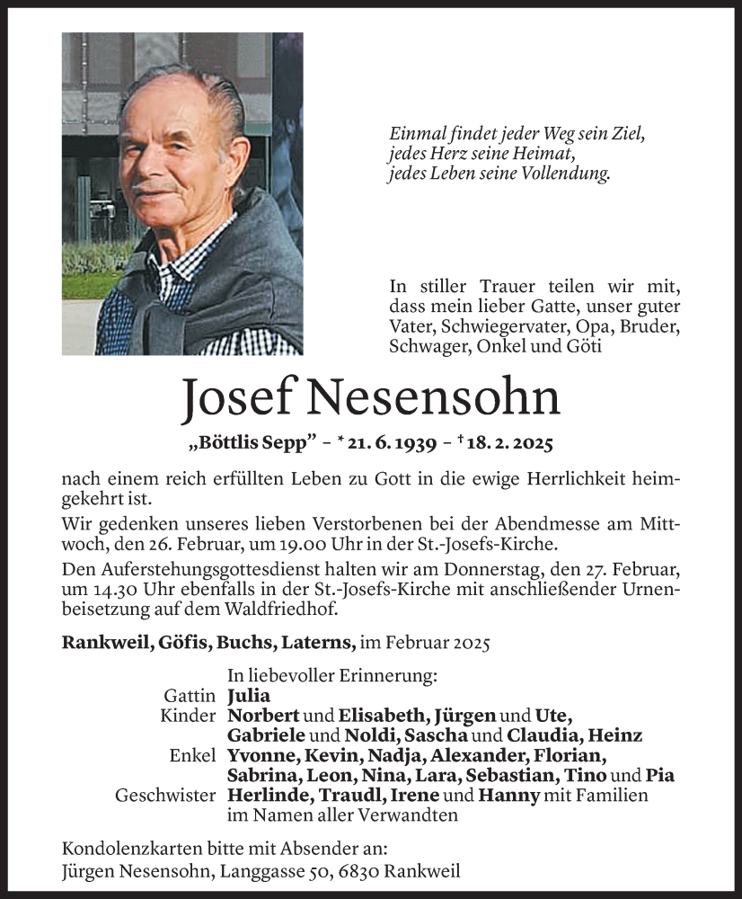  Todesanzeige für Josef Nesensohn vom 20.02.2025 aus Vorarlberger Nachrichten