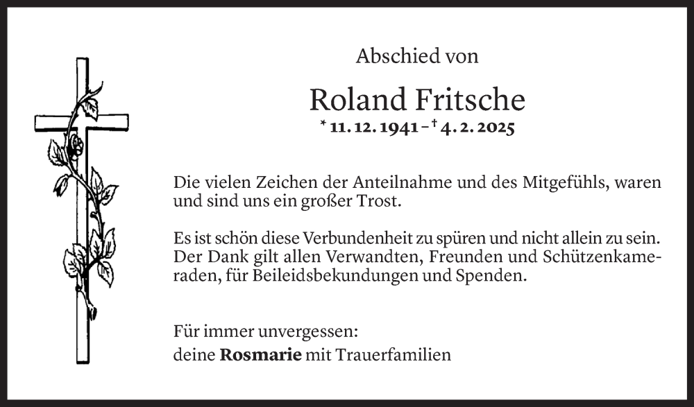  Todesanzeige für Roland Fritsche vom 21.02.2025 aus Vorarlberger Nachrichten