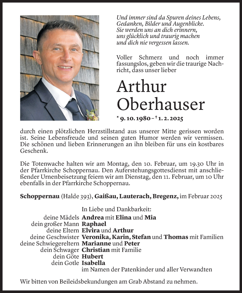  Todesanzeige für Arthur Oberhauser vom 06.02.2025 aus Vorarlberger Nachrichten