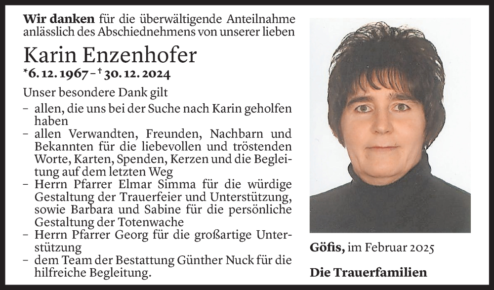  Todesanzeige für Karin Enzenhofer vom 14.02.2025 aus Vorarlberger Nachrichten