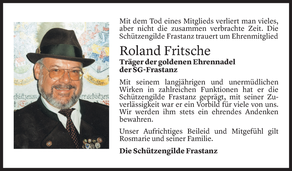  Todesanzeige für Roland Fritsche vom 12.02.2025 aus Vorarlberger Nachrichten