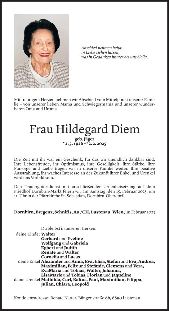  Todesanzeige für Hildegard Diem vom 07.02.2025 aus Vorarlberger Nachrichten