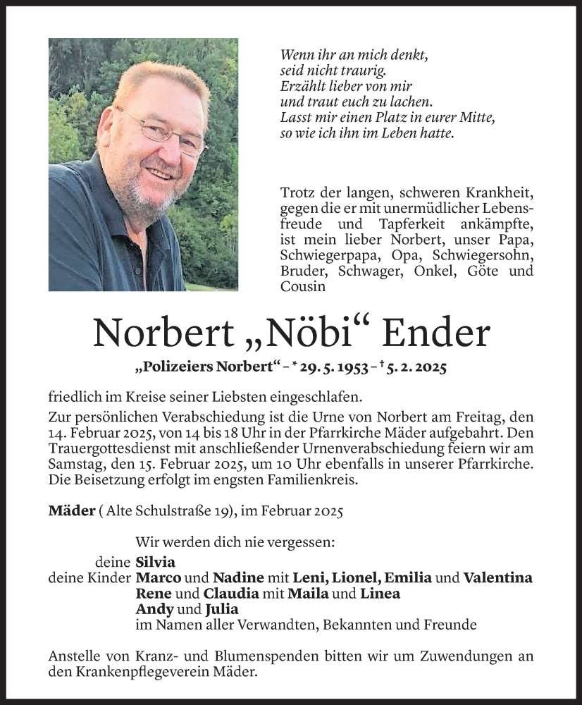  Todesanzeige für Norbert Ender vom 11.02.2025 aus Vorarlberger Nachrichten