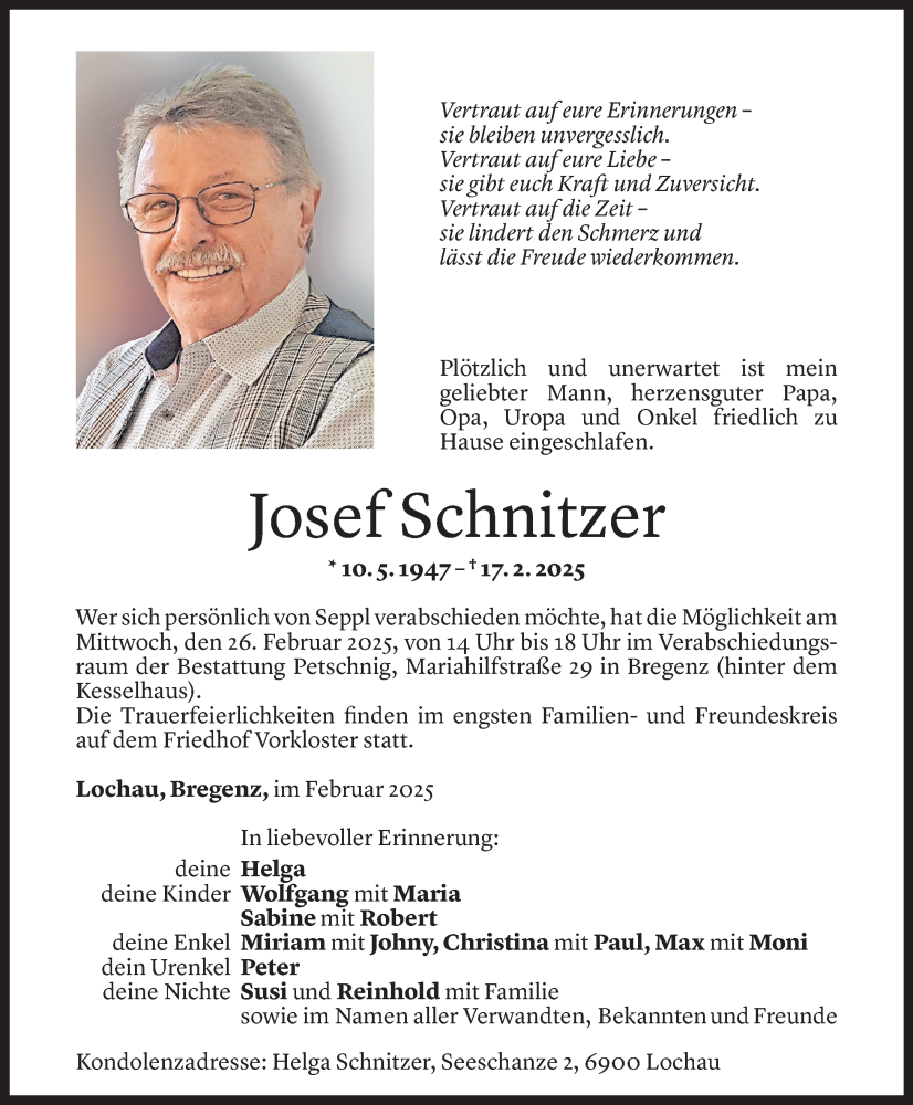  Todesanzeige für Josef Schnitzer vom 20.02.2025 aus Vorarlberger Nachrichten