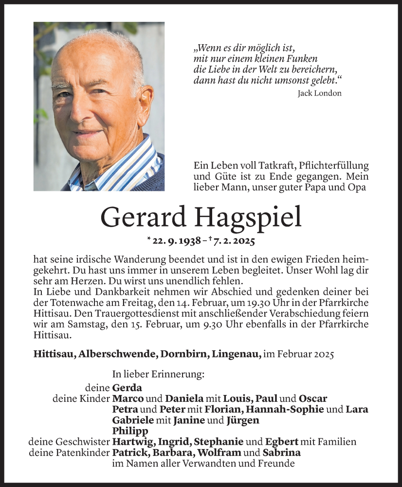  Todesanzeige für Gerard Hagspiel vom 12.02.2025 aus Vorarlberger Nachrichten
