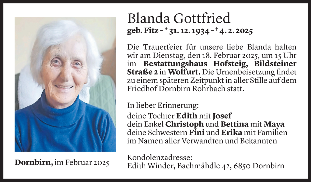  Todesanzeige für Blanda Gottfried vom 17.02.2025 aus Vorarlberger Nachrichten