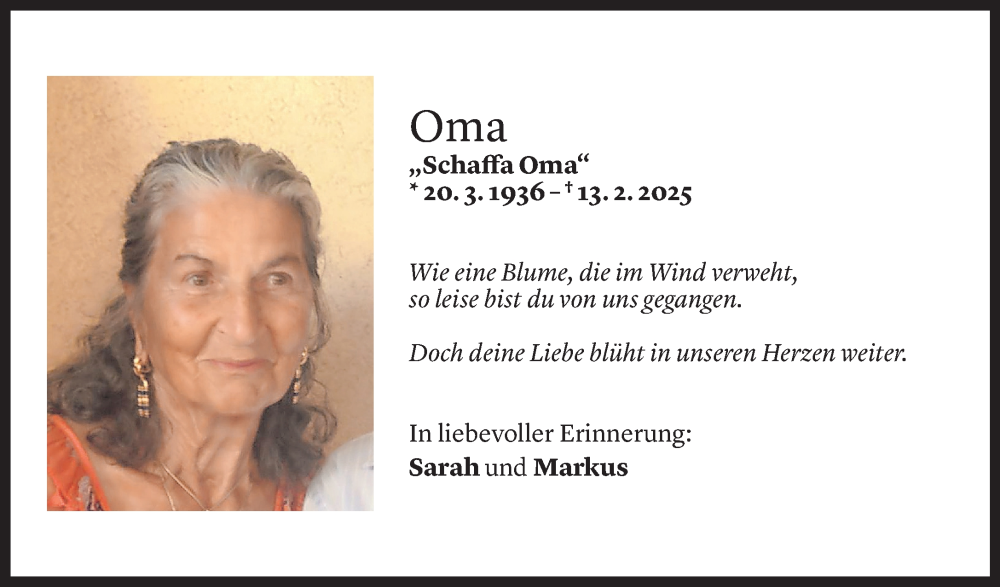  Todesanzeige für Melitta Kopf vom 14.02.2025 aus Vorarlberger Nachrichten