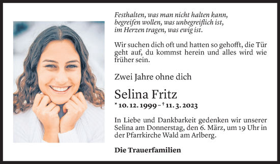 Todesanzeige von Selina Fritz von Vorarlberger Nachrichten