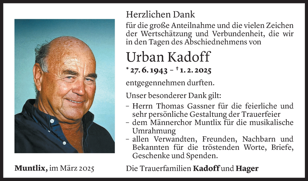  Todesanzeige für Urban Kadoff vom 28.02.2025 aus Vorarlberger Nachrichten
