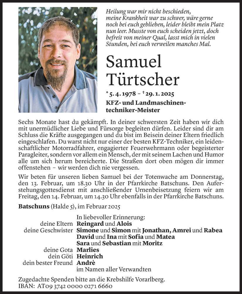  Todesanzeige für Samuel Türtscher vom 09.02.2025 aus Vorarlberger Nachrichten