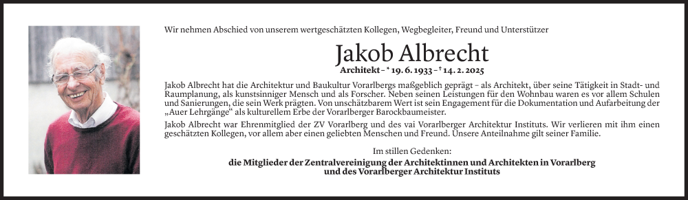  Todesanzeige für Jakob Albrecht vom 28.02.2025 aus Vorarlberger Nachrichten