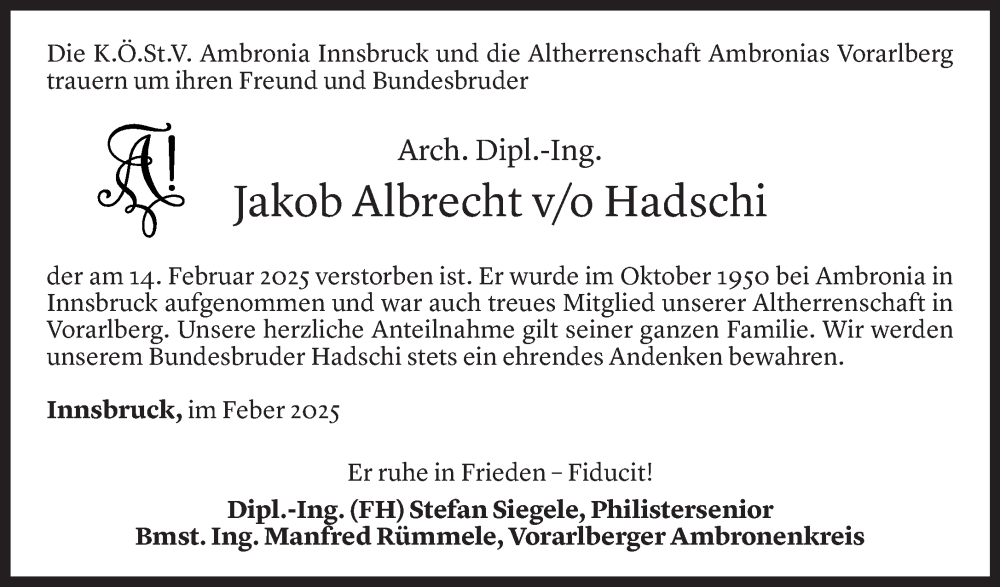  Todesanzeige für Jakob Albrecht vom 17.02.2025 aus Vorarlberger Nachrichten
