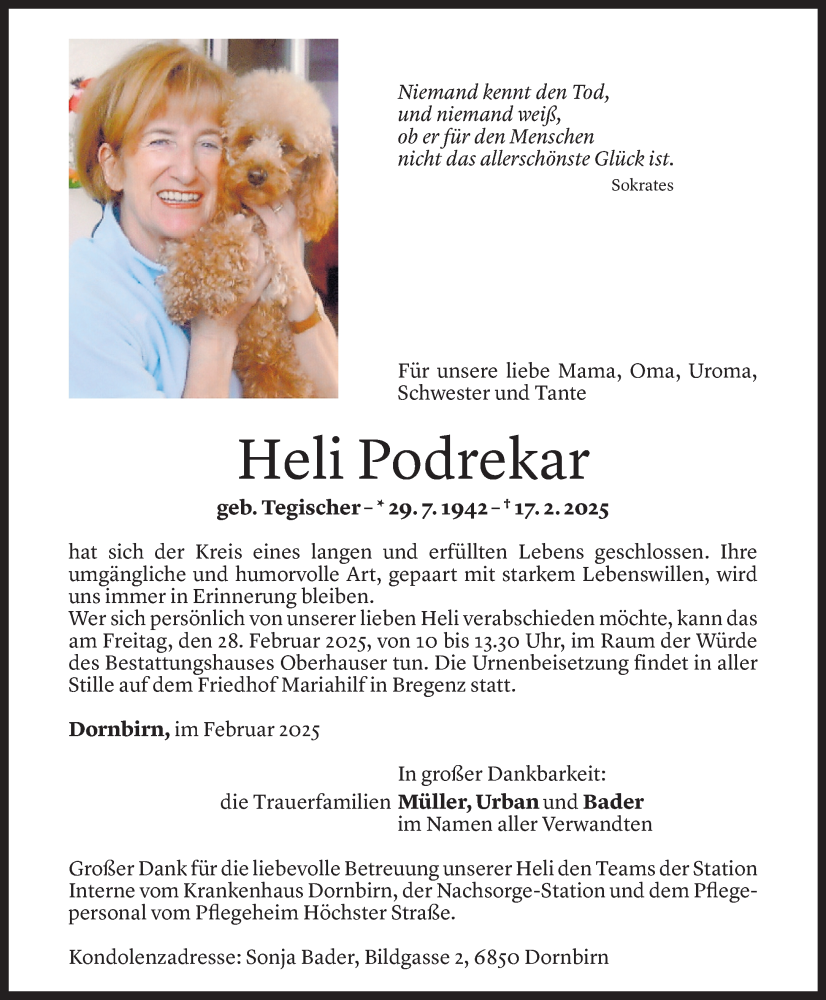  Todesanzeige für Heli Podrekar vom 24.02.2025 aus Vorarlberger Nachrichten
