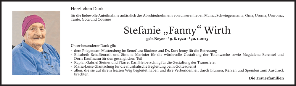 Todesanzeige für Stefanie Wirth vom 27.02.2025 aus Vorarlberger Nachrichten