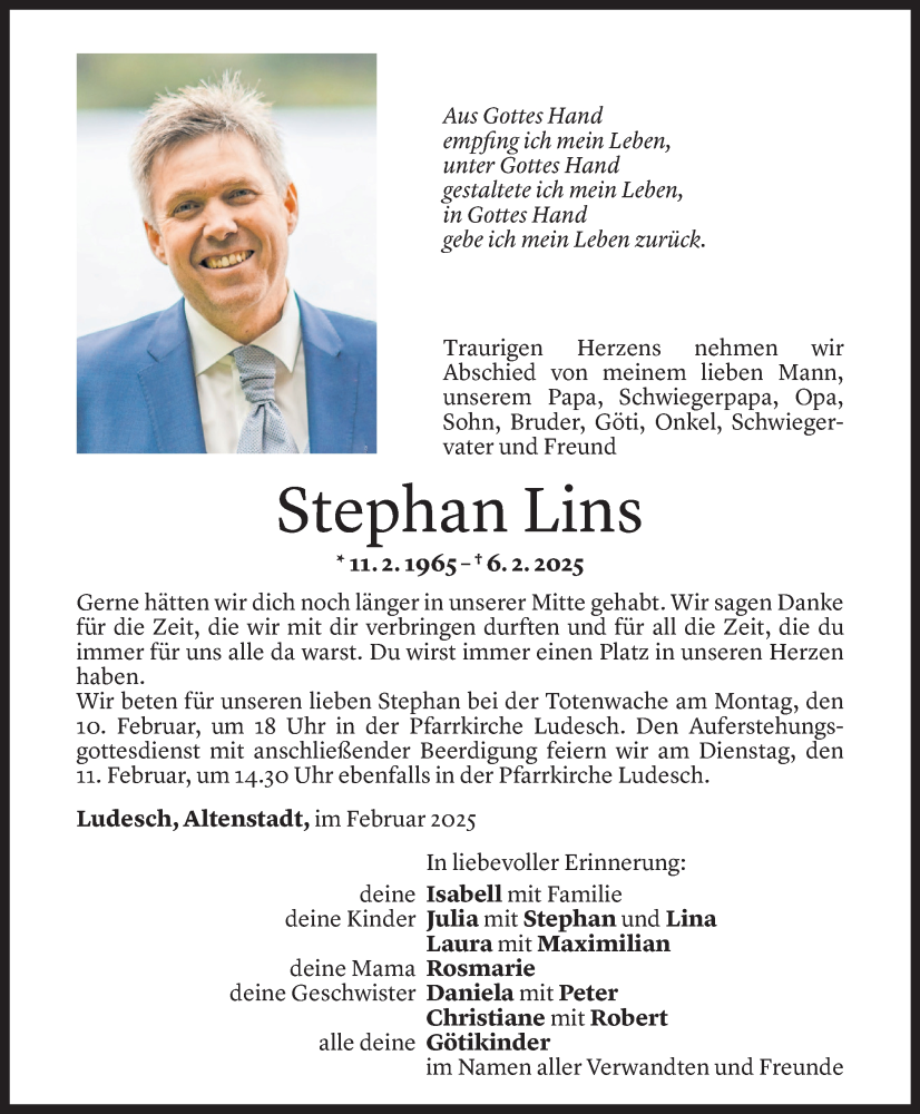  Todesanzeige für Stephan Lins vom 09.02.2025 aus Vorarlberger Nachrichten